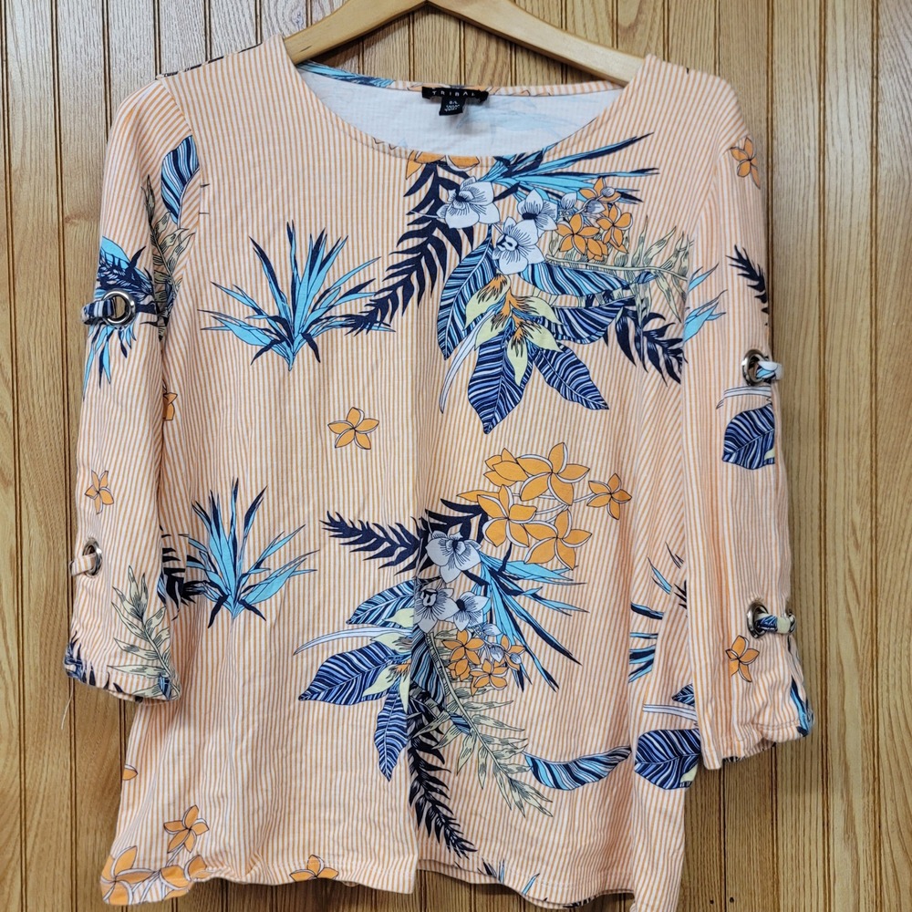 Tribal Womens Large Orange Striped Tropical Floral Coastal Grommet Sleeve Top